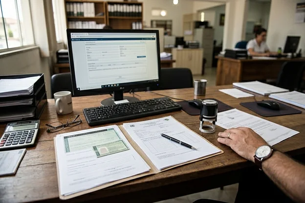 Documentos organizados requeridos para o emplacamento de um veículo.